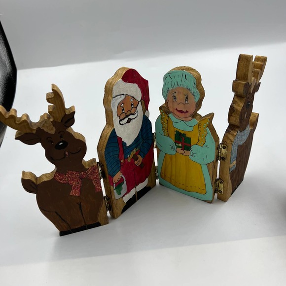 Vintage Handmade Wooden Folding Christmas Santa Mrs. Claus Reindeer Elf Decor - Picture 3 of 9